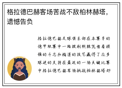 格拉德巴赫客场苦战不敌柏林赫塔，遗憾告负