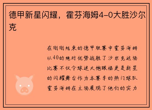 德甲新星闪耀，霍芬海姆4-0大胜沙尔克