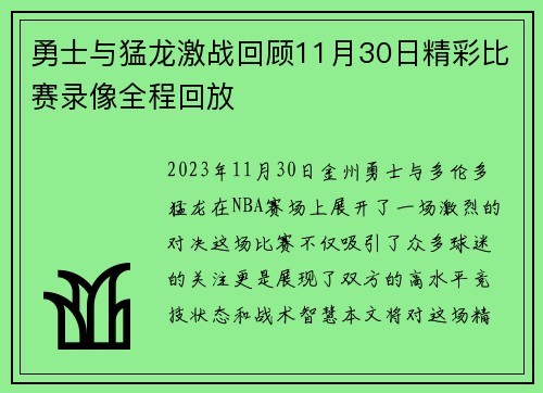 勇士与猛龙激战回顾11月30日精彩比赛录像全程回放