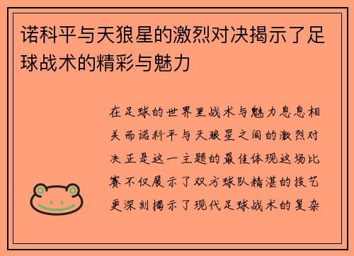 诺科平与天狼星的激烈对决揭示了足球战术的精彩与魅力