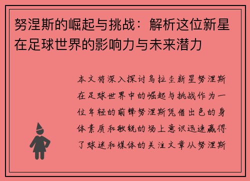 努涅斯的崛起与挑战：解析这位新星在足球世界的影响力与未来潜力