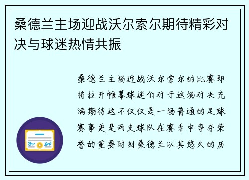桑德兰主场迎战沃尔索尔期待精彩对决与球迷热情共振