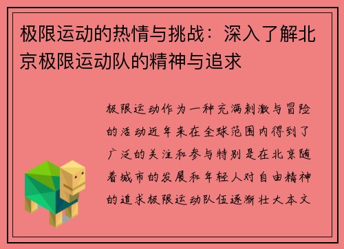 极限运动的热情与挑战：深入了解北京极限运动队的精神与追求
