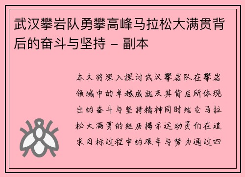 武汉攀岩队勇攀高峰马拉松大满贯背后的奋斗与坚持 - 副本
